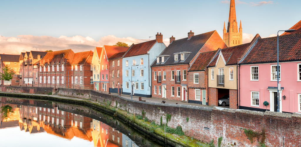 Historic town houses overlooking the river Yare, Norwich, Norfolk, East Anglia, England.